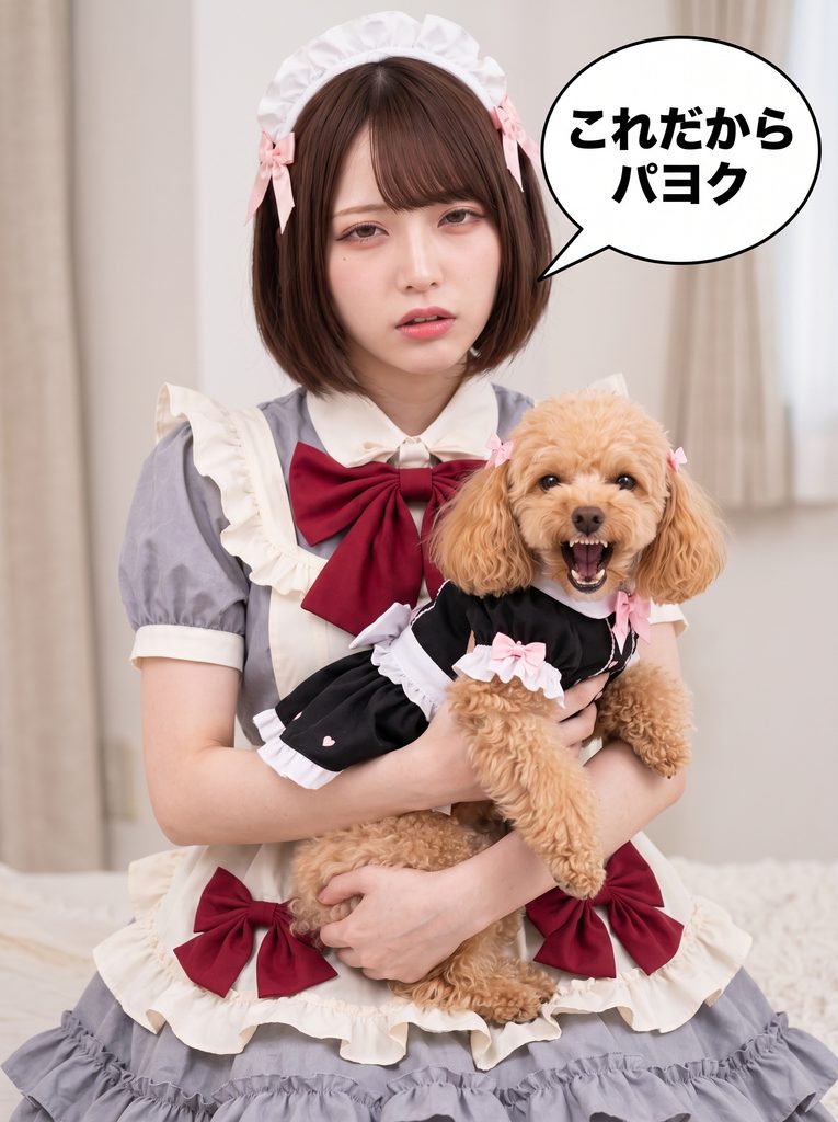 「これだからパヨク」とあきれ顔のまみと、牙をむいて怒るトイプードルのきなこ