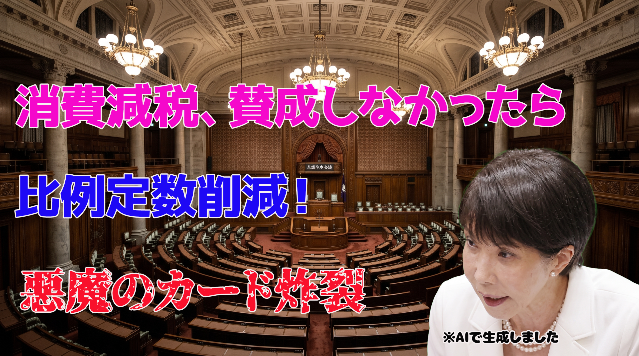 衆議院本会議場を背景に「消費減税、賛成しなかったら比例定数削減！悪魔のカード炸裂」の文字と、高市早苗総理をAIで生成した画像