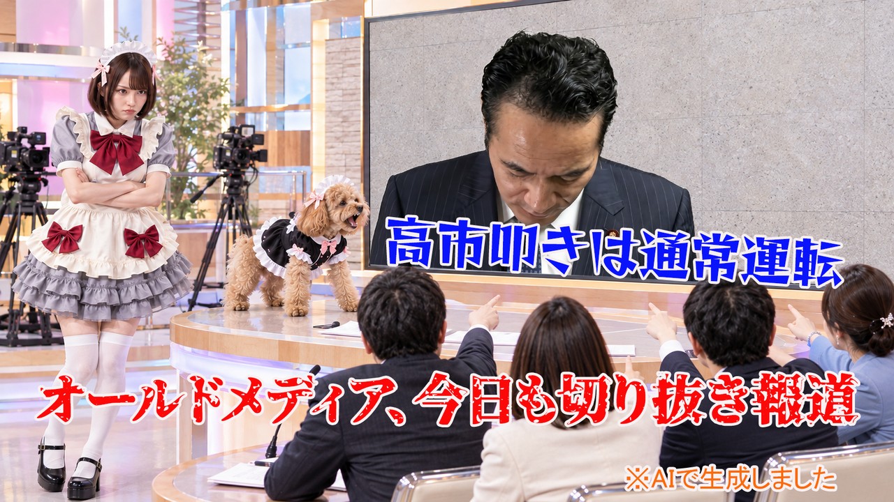 報道スタジオで腕を組むメイド姿のまみと吠えるきなこ。モニターに頭を下げる男性。「高市叩きは通常運転」「オールドメディア、今日も切り抜き報道」の文字