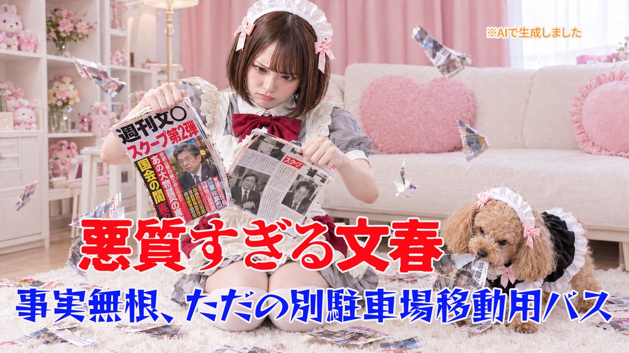 週刊誌「スクープ第2弾」を破るメイド姿のまみと、切れ端をくわえるきなこ。「悪質すぎる文春」「事実無根、ただの別駐車場移動用バス」の文字