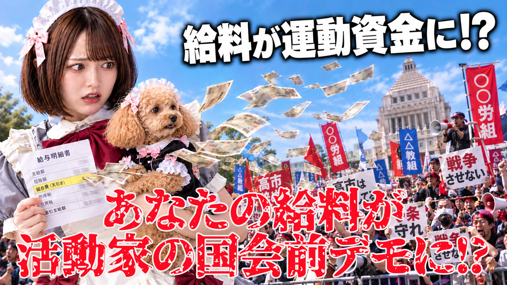 給与明細書を持ち、きなこを抱いてドン引きするまみ。明細の「組合費（天引き）」からお札が飛び出し、「高市辞めろ」「9条守れ」のプラカードを掲げる国会前デモへ流れていく