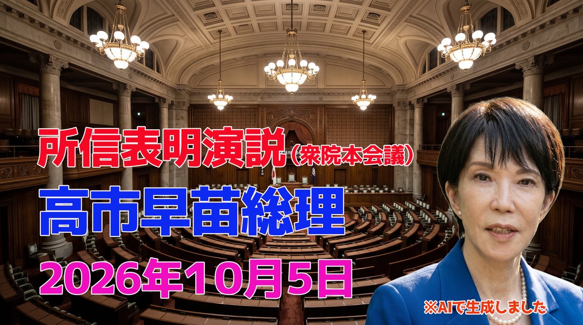 衆議院本会議場を背景に「所信表明演説（衆院本会議）高市早苗総理 2026年10月5日」の文字と、高市早苗総理をAIで生成した画像