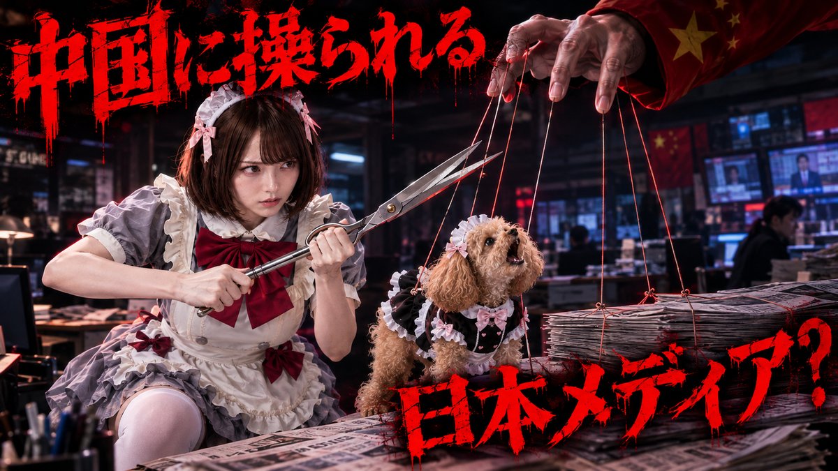 中国国旗の袖の手に糸で操られるきなこと、その糸を大きなハサミで切ろうとするメイド姿のまみ。「中国に操られる日本メディア？」の文字