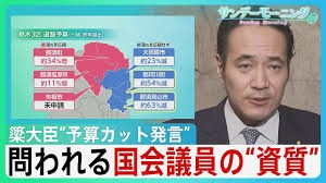 TBS「サンデーモーニング」が簗大臣の「予算カット発言」を取り上げた画面。栃木3区の地図に、市町ごとの道路予算の数字を載せている。「問われる国会議員の"資質"」という見出し付き。