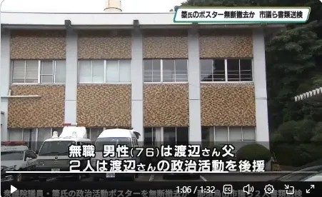 器物損壊の疑いで書類送検された2人について伝える、とちぎテレビのニュース画面。76歳の無職男性は渡辺真太朗さんの父で、2人とも渡辺さんの政治活動の後援者だと報じている。